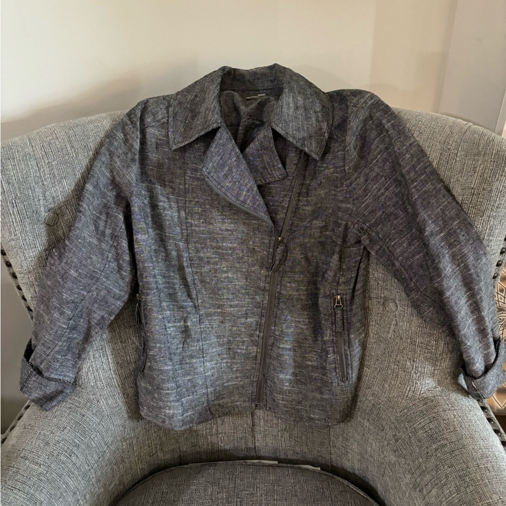 Grey and black linen jacket with 3/4 sleeves by Max Studio.